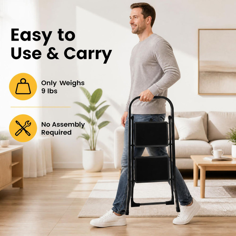 Lightweight 2 step ladder with handrail features wide anti-slip pedals and a 330 lbs weight capacity for safe use.