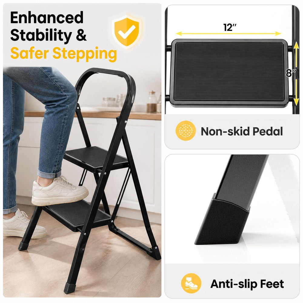 2-step ladder with handrail features wide anti-slip pedals and anti-slip feet for enhanced stability and safety during use.