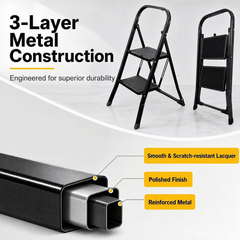 Folding 2 step ladder with handrail features reinforced metal construction and wide anti-slip pedals for safe use.
