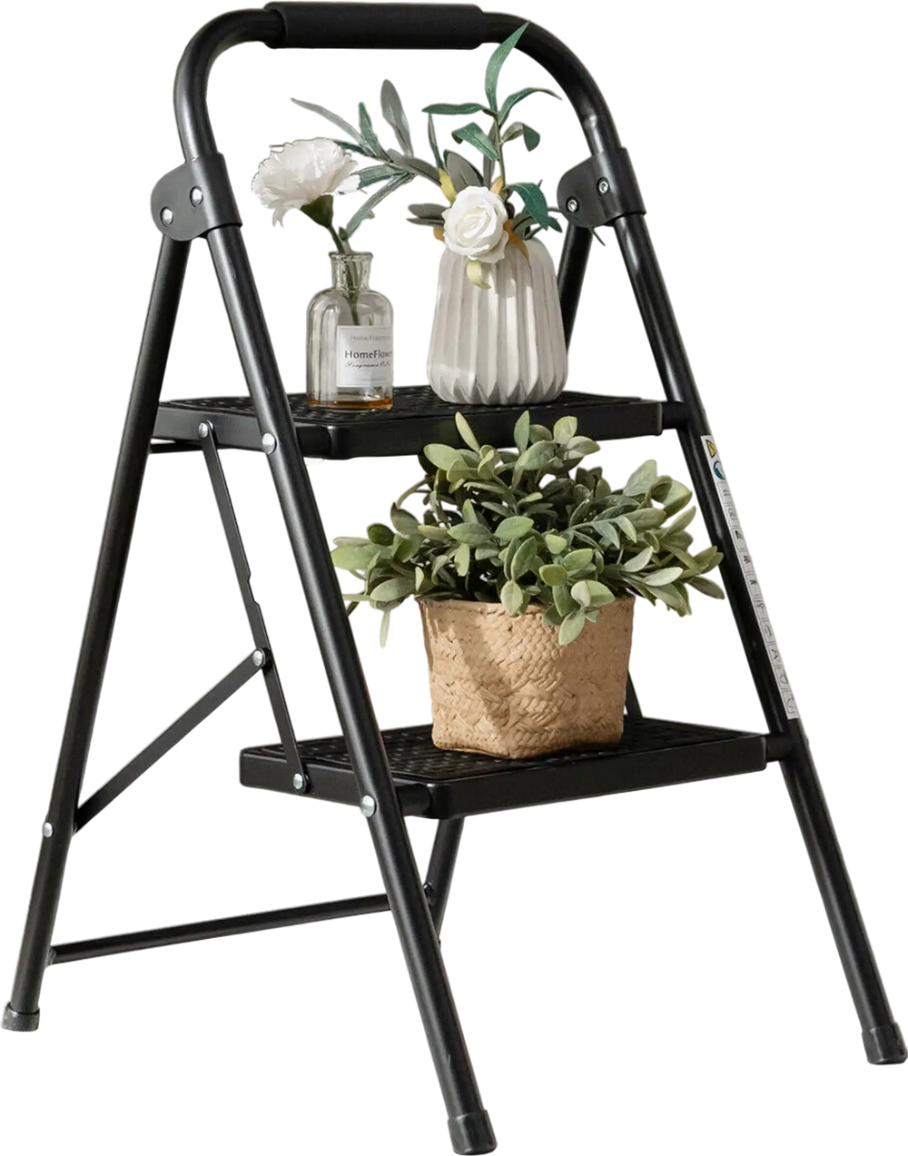 2-step ladder with wide anti-slip pedals, heavy-duty metal frame, and compact design for home or office use.