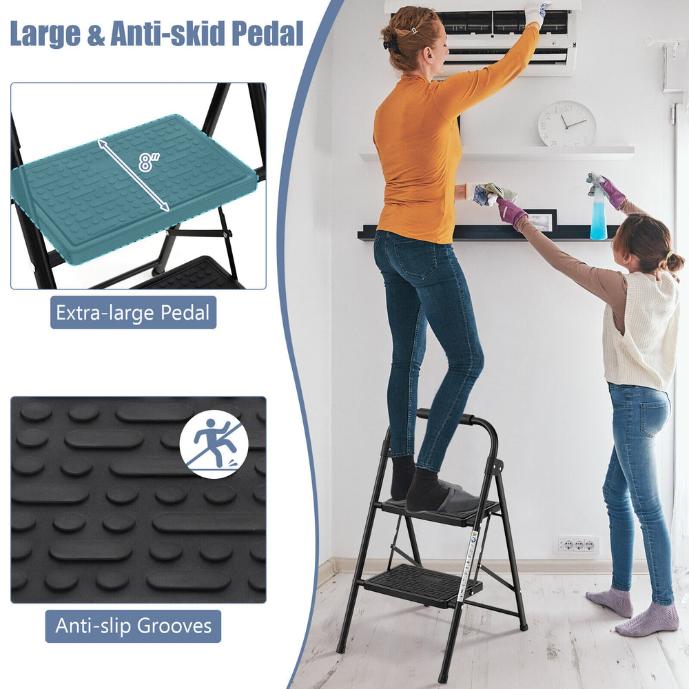 2-step ladder featuring a wide anti-slip pedal and sturdy metal frame, ideal for home and office use.