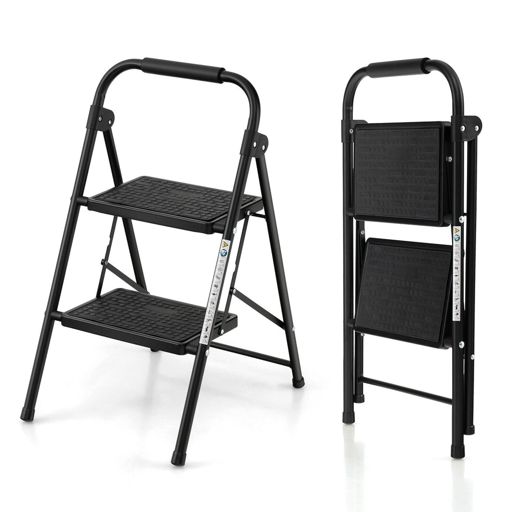 2-step ladder with wide anti-slip pedals, heavy-duty metal frame, compact design for easy storage and portability.