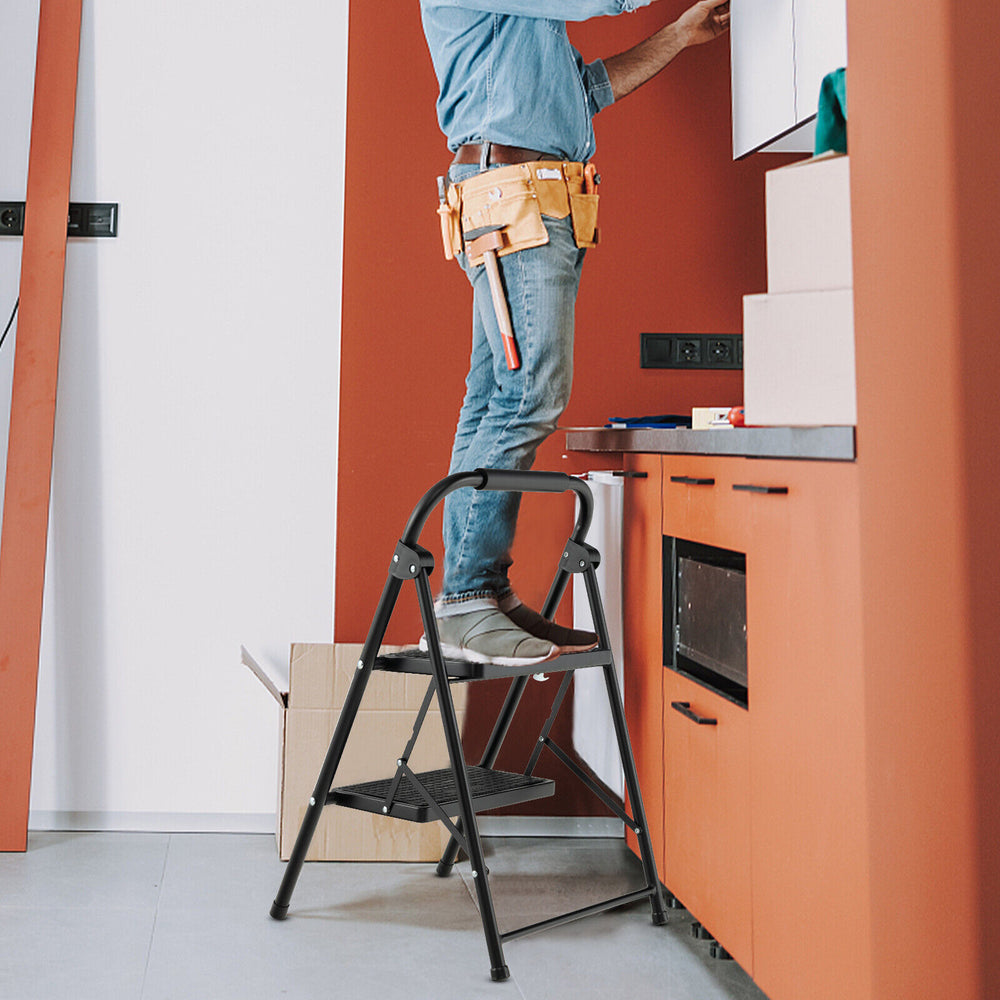 2-step ladder with wide anti-slip pedals, heavy-duty metal frame, ideal for home and office use.
