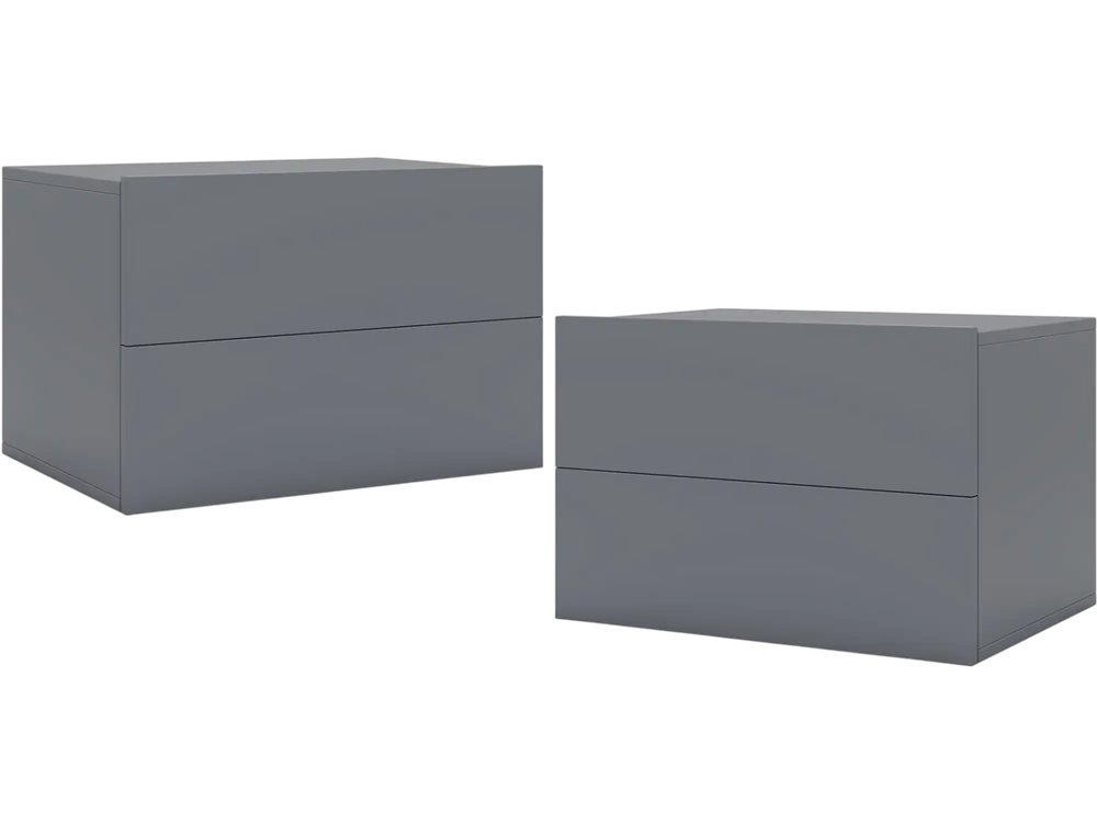 Gray floating nightstand with two storage drawers, wall-mounted design for space-saving and modern style in the bedroom.