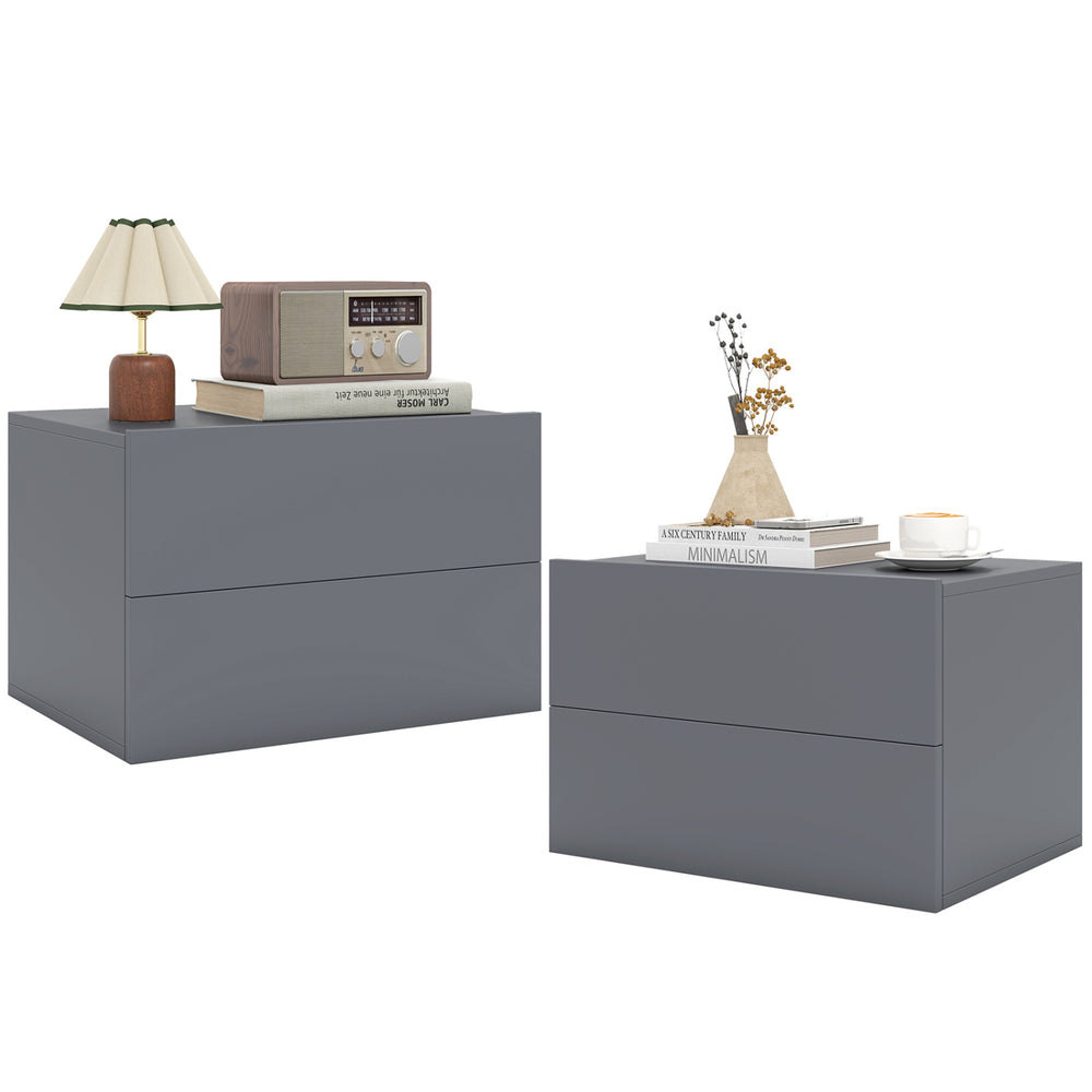 Gray wall-mounted floating nightstand with two storage drawers and a spacious tabletop, ideal for bedroom essentials.