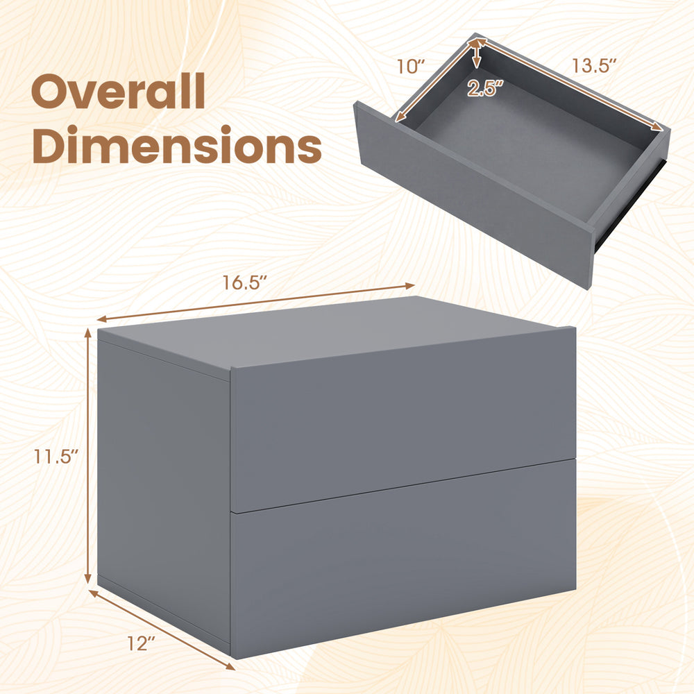 Gray wall-mounted floating nightstand with two storage drawers, ideal for bedroom space-saving and easy cleaning.