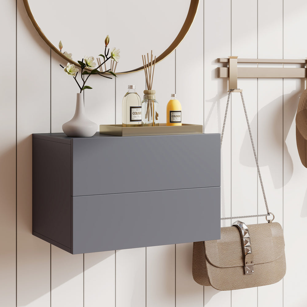 Gray wall-mounted floating nightstand with 2 storage drawers and wide tabletop, ideal for bedroom or living room use.