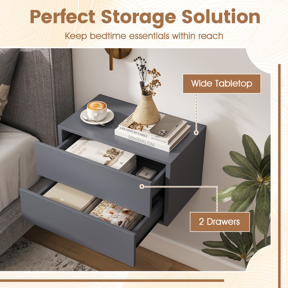 Gray wall-mounted floating nightstand with wide tabletop and 2 drawers, ideal for bedroom storage and easy cleaning.