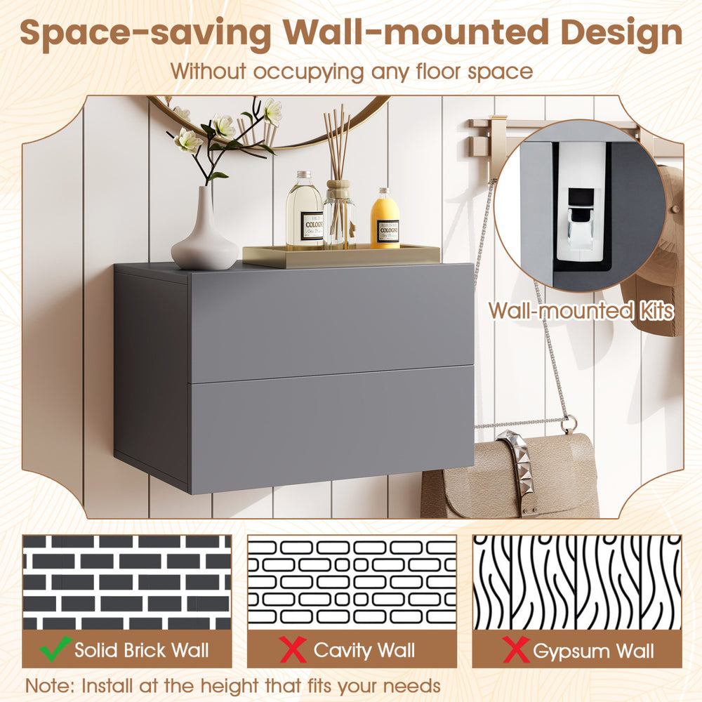 Gray wall-mounted floating nightstand with 2 storage drawers, ideal for bedroom space-saving and easy cleaning.