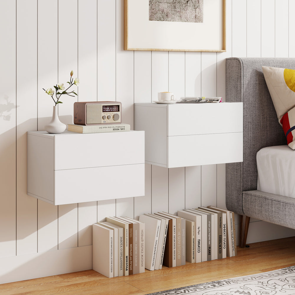 2 Storage Drawers Wall Mounted Floating Nightstand for Bedroom-White - Gallery View 1 of 9