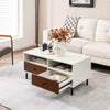 Modern rectangle coffee table with white finish, two drawers, and storage shelf, perfect for living room organization.