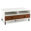 Modern rectangle coffee table with white finish and wood drawers, featuring two shelves for storage in living rooms or.