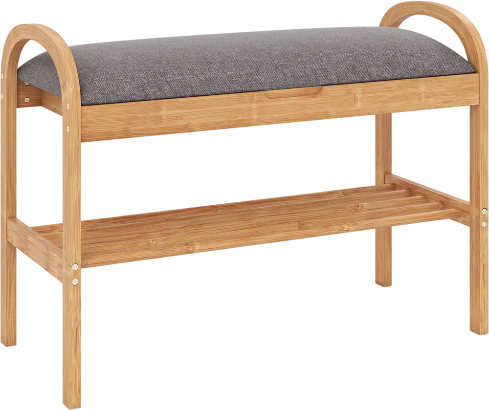 Bamboo shoe bench with gray padded cushion, featuring a 2-tier slatted shelf for ample storage in entryway or hallway.