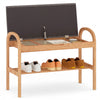 2-tier bamboo shoe bench with gray padded cushion, featuring a hidden storage compartment and ample shoe space.
