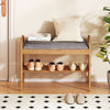 2-tier bamboo shoe bench with gray padded cushion, featuring a slatted shelf for shoe storage, ideal for entryways.