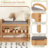 2-tier bamboo shoe bench with gray padded cushion, sturdy legs, and convenient handles for hallway or entryway use.