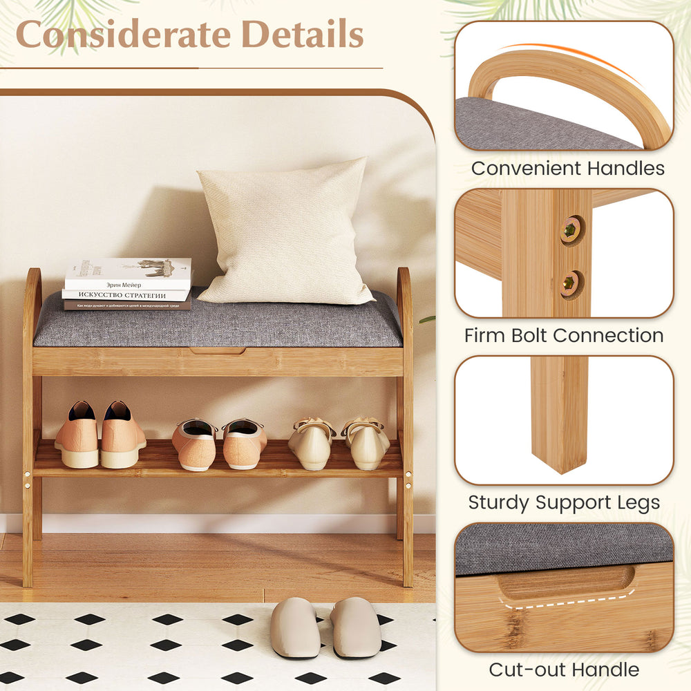 2-tier bamboo shoe bench with gray padded cushion, sturdy legs, and convenient handles for hallway or entryway use.