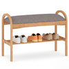 Bamboo shoe bench with gray padded cushion and slatted shelf, ideal for hallway or entryway shoe storage.