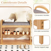 2-tier bamboo shoe bench with gray padded cushion, sturdy legs, and convenient handles for entryway seating and storage.