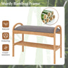 2-tier bamboo shoe bench with gray padded cushion and breathable shelf, ideal for hallway or entryway seating and.