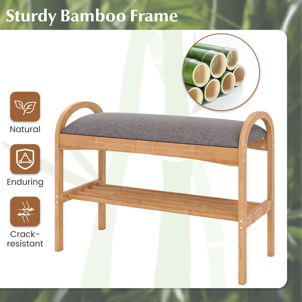 2-tier bamboo shoe bench with gray padded cushion and breathable shelf, ideal for hallway or entryway seating and.
