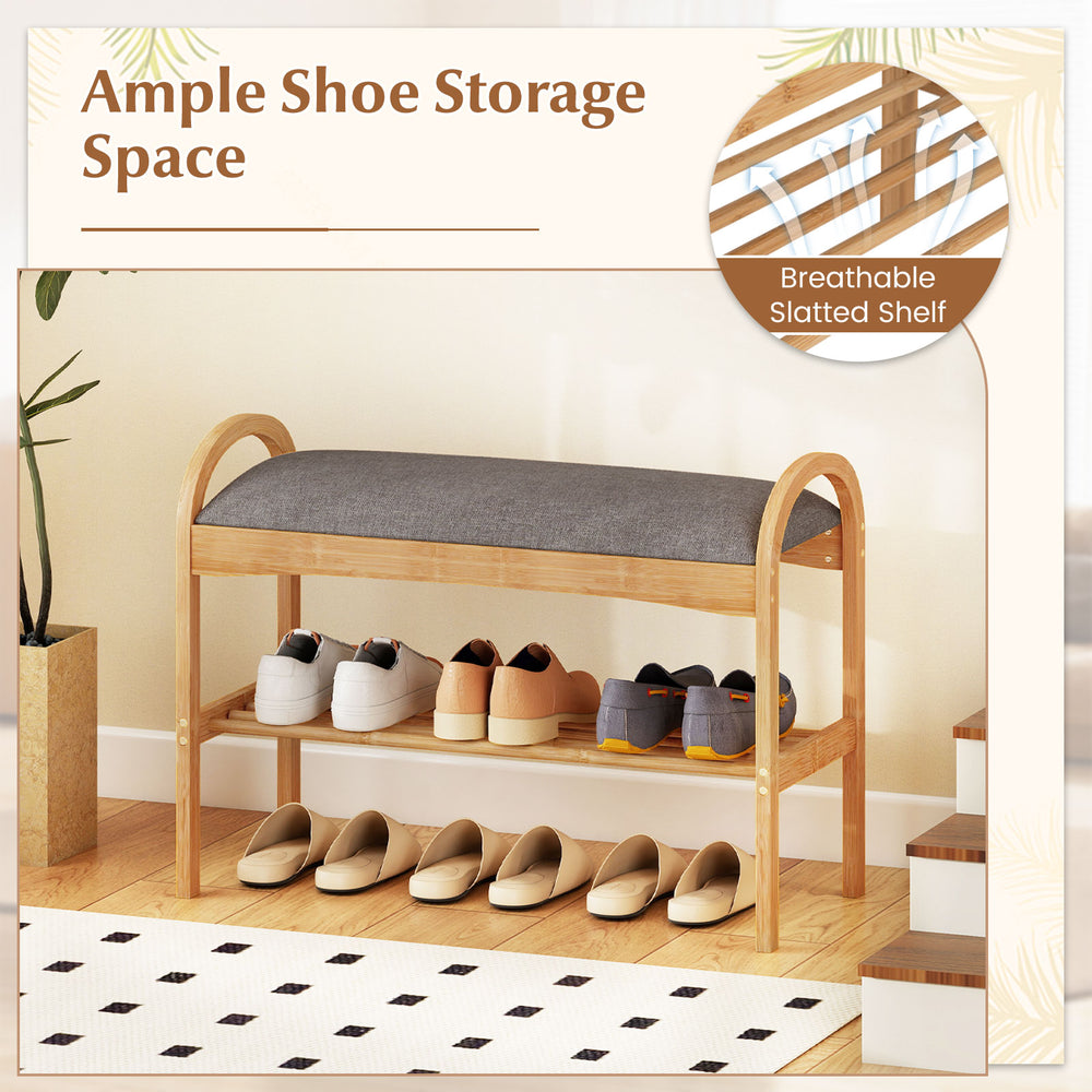 2-tier bamboo shoe bench with gray padded cushion and breathable slatted shelf for hallway or entryway storage.