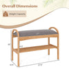2-tier bamboo shoe bench with gray padded cushion, slatted shelf, and sturdy support for hallway or entryway use.