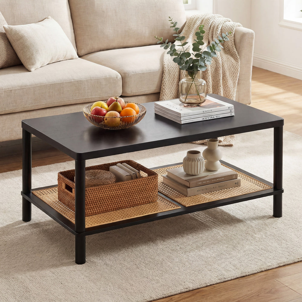 2-Tier Boho Coffee Table for Living Room Rectangular Center Table with Rubber Wood Frame and PVC Rattan Storage Shelf-Black - Gallery View 1 of 11