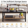 Rectangular 2-tier black coffee table with rubber wood frame and PVC rattan shelf, perfect for living room organization.