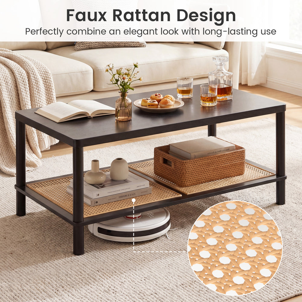 2-tier boho coffee table with faux rattan storage shelf and rubber wood frame, perfect for living room organization.