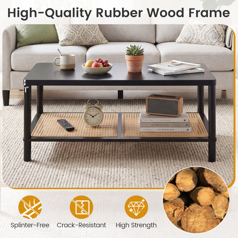 Rectangular 2-tier coffee table with black rubber wood frame and PVC rattan shelf, ideal for living room organization.