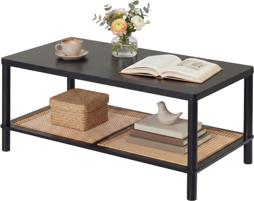Rectangular 2-tier coffee table with a black rubber wood frame and PVC rattan shelf, ideal for living room organization.