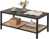 Rectangular 2-tier coffee table with a black rubber wood frame and PVC rattan shelf, ideal for living room organization.