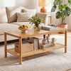 2-Tier Boho Coffee Table for Living Room Rectangular Center Table with Rubber Wood Frame and PVC Rattan Storage Shelf-Rustic Brown - Gallery View 1 of 11