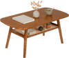 Boho rattan coffee table with rounded corners, walnut finish, showcasing a woven shelf and ample space for decorative items.