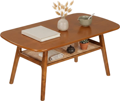 Costway 2-Tier Boho Rattan Coffee Table Rounded Corners 70100862 New