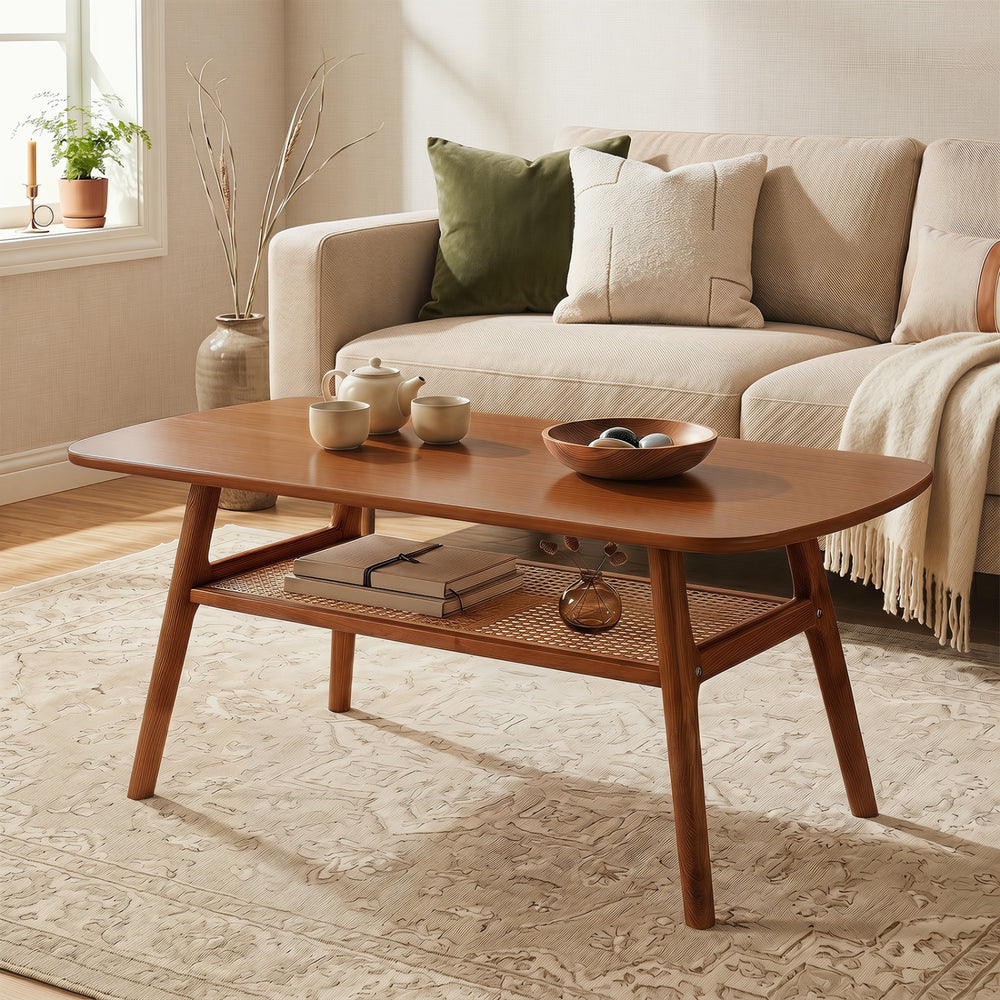 2-Tier Boho Rattan Coffee Table with Rounded Corners-Walnut - Gallery View 1 of 10
