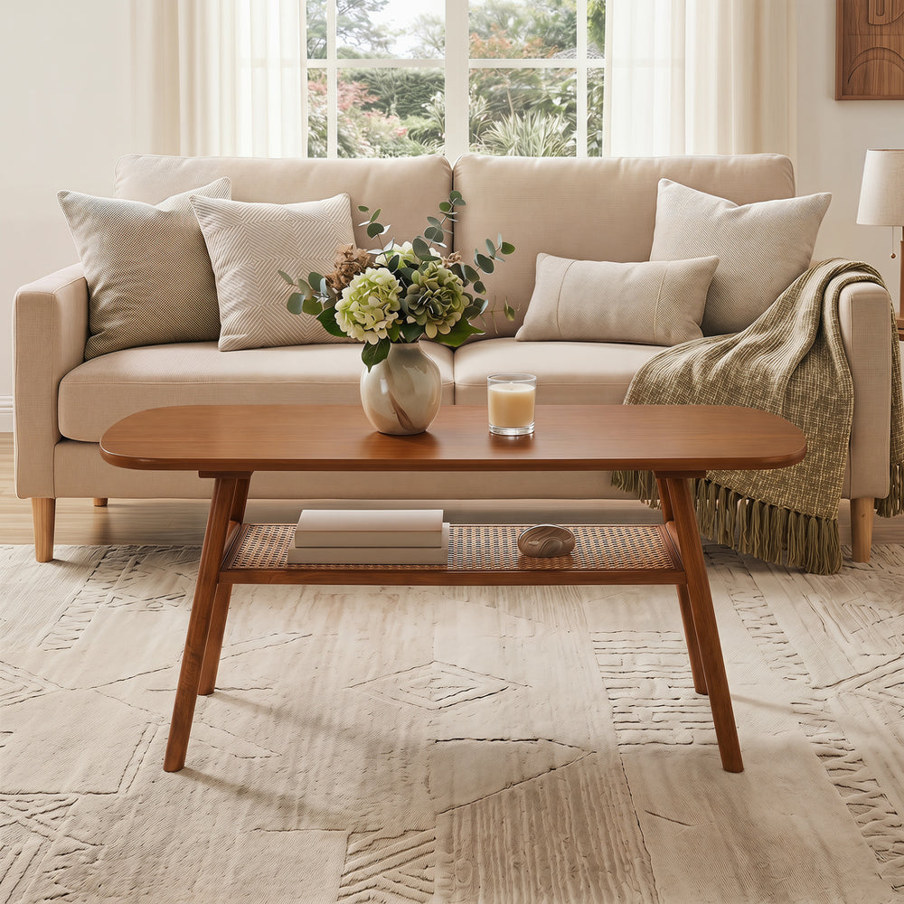 2-tier boho rattan coffee table in walnut with rounded corners, featuring a spacious top and woven shelf for rustic charm.