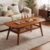 Boho rattan coffee table with rounded corners, walnut finish, featuring a spacious top and open shelf for stylish storage.