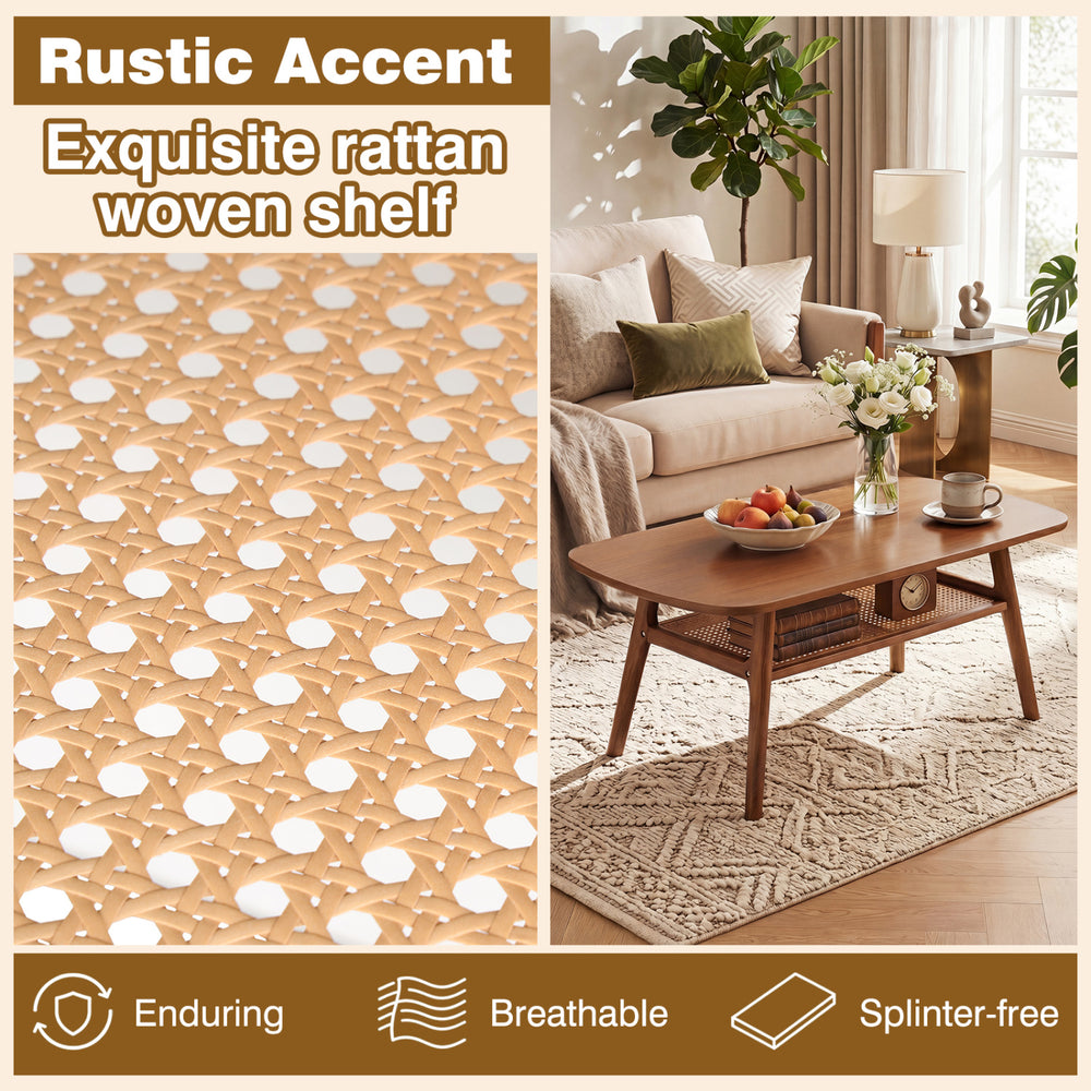 2-tier boho rattan coffee table with rounded corners, walnut finish, featuring a woven shelf for rustic charm.