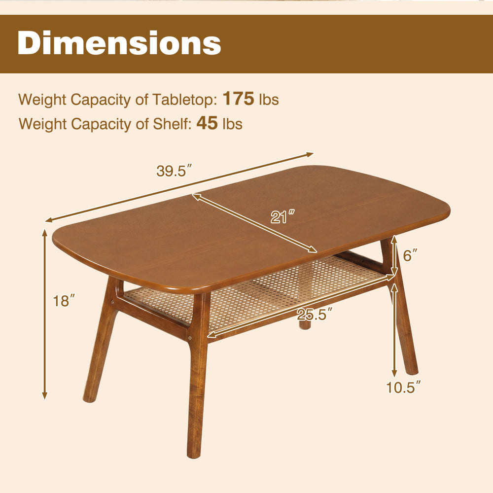 2-tier boho rattan coffee table with rounded corners, walnut finish, featuring a spacious tabletop and woven shelf.