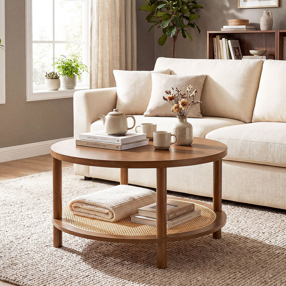 Boho round rattan coffee table in walnut with a storage shelf, styled in a cozy living room setting.