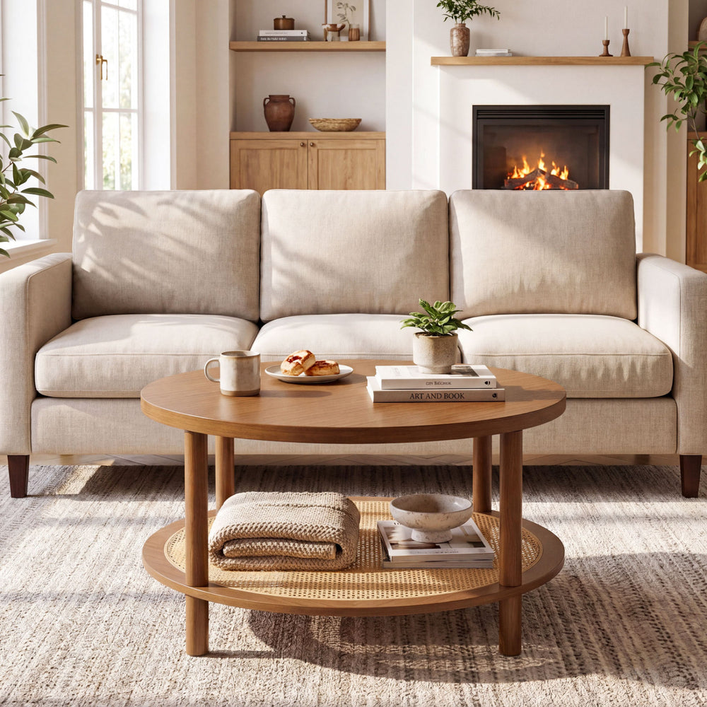 Round rattan coffee table in walnut with a storage shelf, styled in a cozy living room setting.
