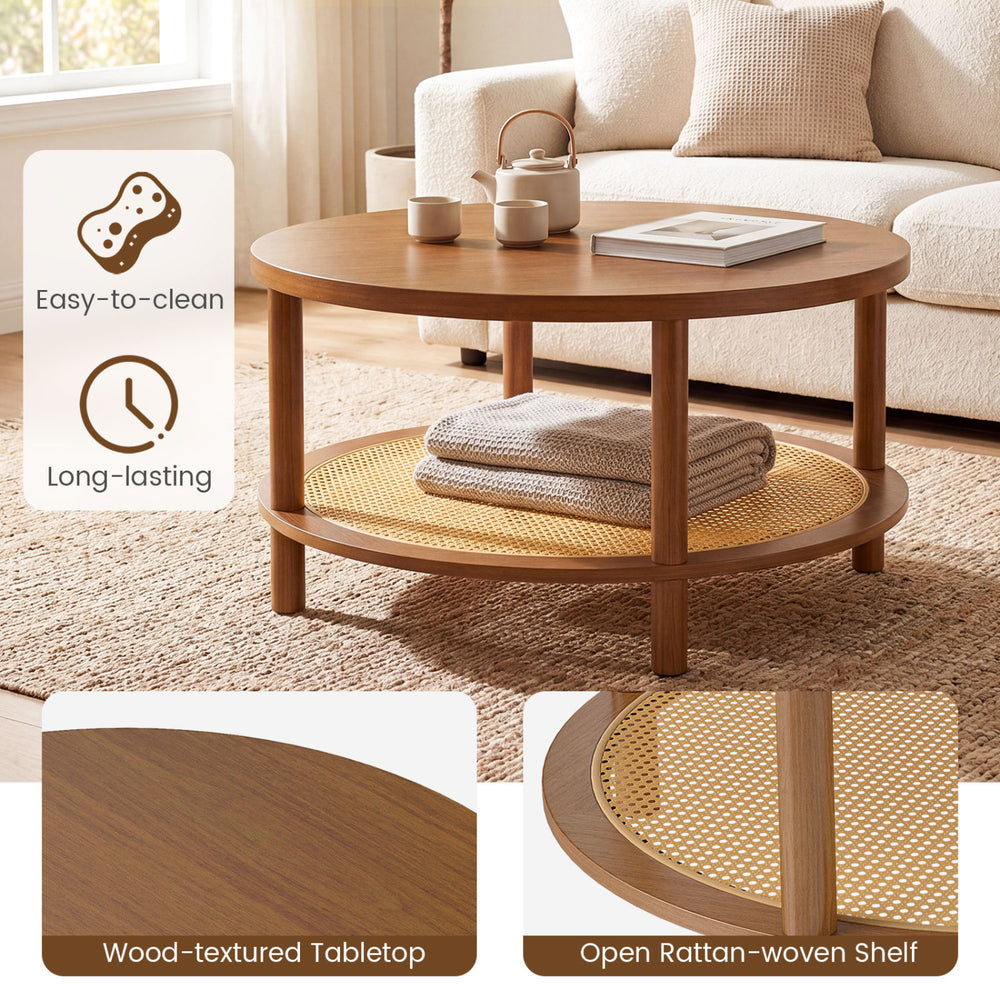 Round rattan coffee table in walnut with a wood-textured tabletop and open storage shelf for stylish living room decor.