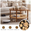 Boho round rattan coffee table with solid rubber wood legs and storage shelf, perfect for stylish living room decor.