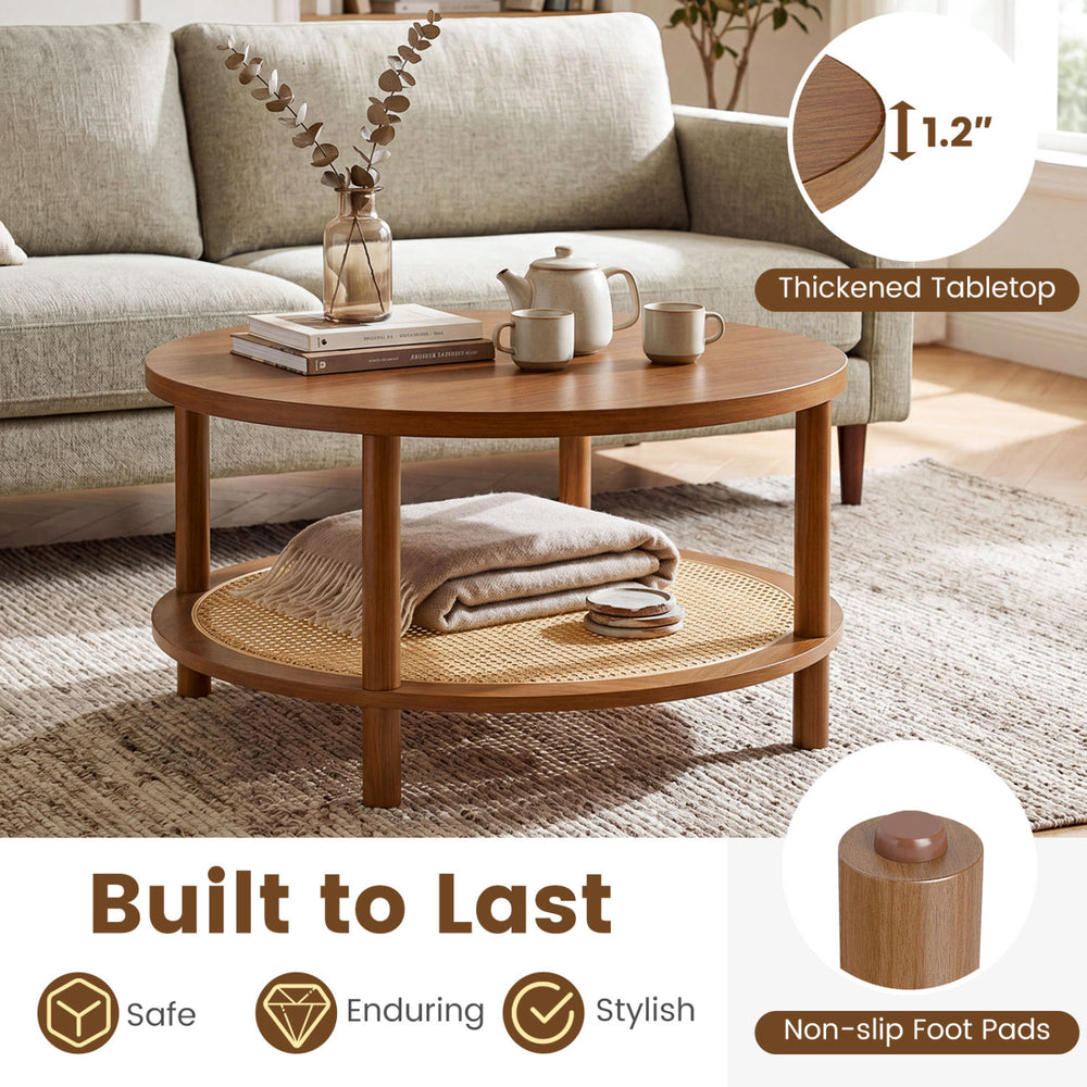 Round rattan coffee table in walnut with a thickened tabletop and storage shelf, perfect for stylish living room decor.