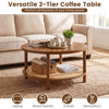 Boho round rattan coffee table in walnut with a storage shelf, perfect for living room decor and functionality.