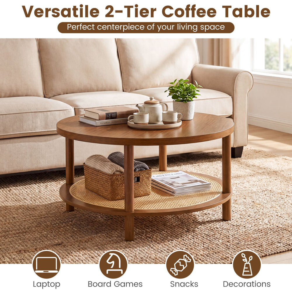 Boho round rattan coffee table in walnut with a storage shelf, perfect for living room decor and functionality.