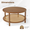 2-tier round rattan coffee table in walnut finish with storage shelf, measuring 31.5" diameter and 18" height.