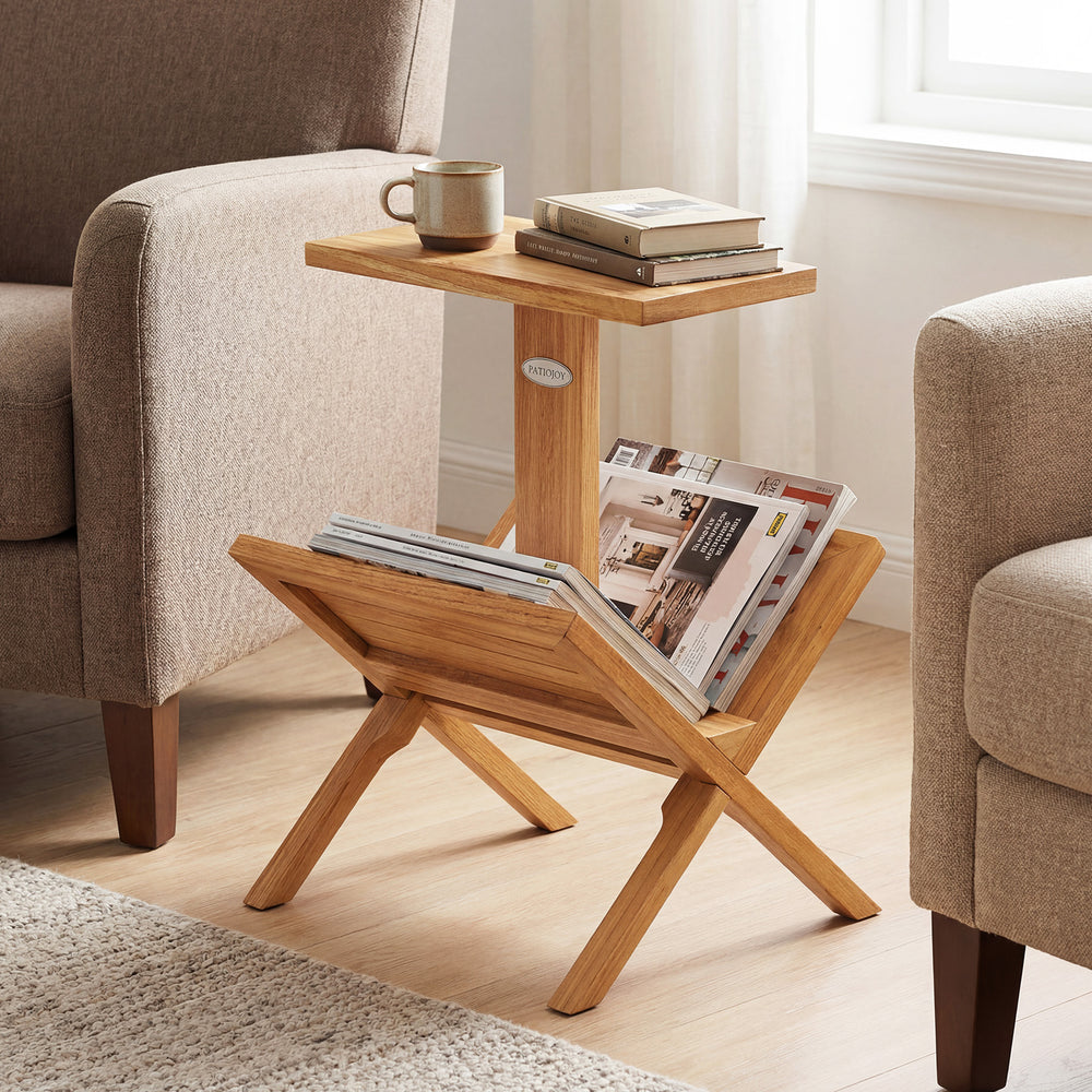 2-tier side table magazine rack with solid teak wood frame, featuring a sturdy tabletop and ample storage for books and.